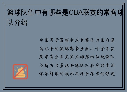 篮球队伍中有哪些是CBA联赛的常客球队介绍