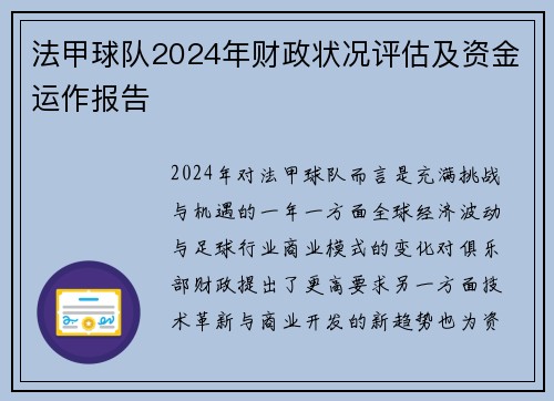 法甲球队2024年财政状况评估及资金运作报告